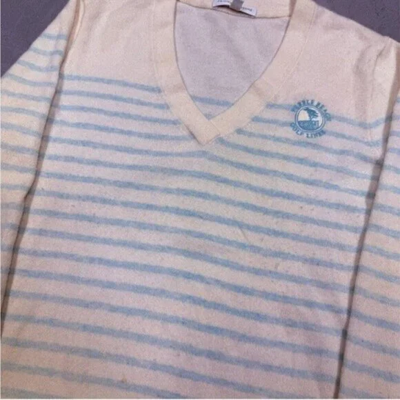 100% Cashmere Pebble Beach Blue and White Striped V Neck Golf Sweater - Picture 4 of 11
